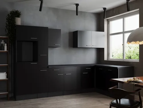 Respekta Oliver Winkelküche Grau Matt Schwarz 310 x 172 cm - Moderne Winkelküche mit ergonomischer Arbeitshöhe von 90 cm, eleganten Metallgriffen und flexibler Montage für optimale Raumnutzung.