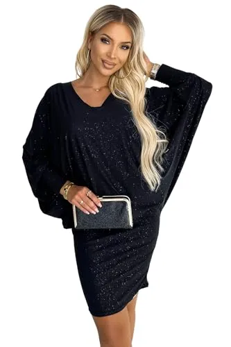 Numoco Fledermaus-Kleid Minikleid Cocktailkleid Partykleid Abendkleit Sommerkleid, schwarz mit Glitzer (DE/NL/SE/PL, Alphanumerisch, S, M, Regular, Regular)