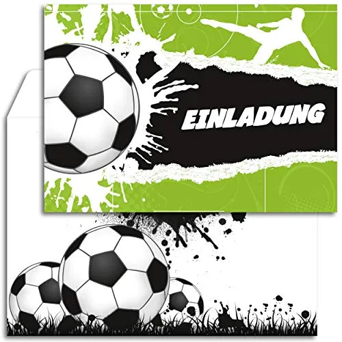 12x Geburtstagseinladungen mit Umschlägen | Fußball-Party | Einladungskarten-Set für Geburtstag Kinder | Für Jungen & Mädchen | Einladung Kindergeburtstag Fussball-Einladungen Tor Stadion Jungs Cool