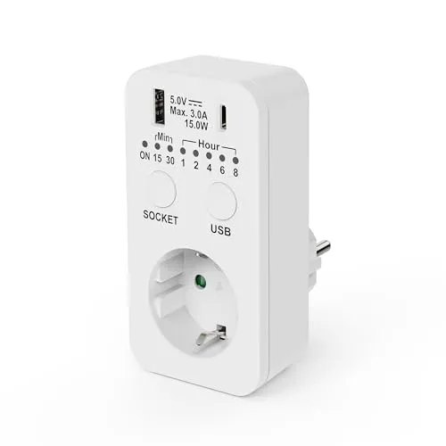 conecto Steckdose Timer, Schaltsteckdose Countdown, 230V Schaltuhr, USB und USB-C Timersteckdose, programmierbare Zeitschaltsteckdose, 2300 Watt, weiß