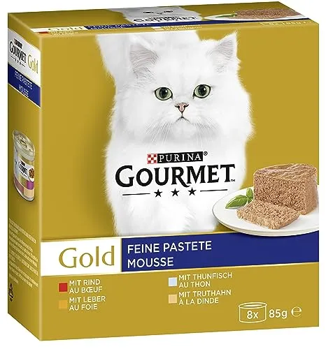 Gourmet Gold Feine Pastete Katzenfutter, Sorten-Mix 12er Pack - Dosenfutter für Katzen: Hochwertige, ausgewogene Pastete für ausgewachsene Katzen mit Rind, Thunfisch, Leber und Truthahn - ohne künstliche Zusatzstoffe.