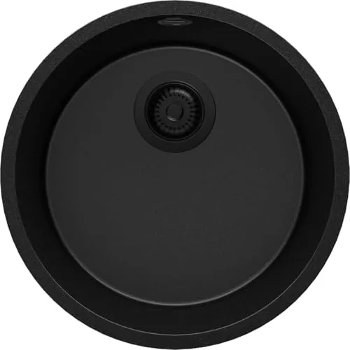 PRIMAGRAN Spülbecken Rund Alles Schwarz 46x46cm, Granitspüle 1 Becken + Ablauf-Set, Küchenspüle ab 50er Unterschrank - Valletta Slim S007