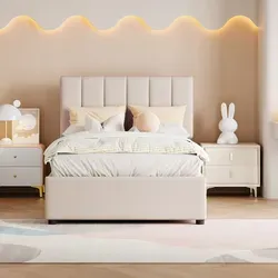 Beige Stauraumbett mit Bettkasten und höhenverstellbarem Kopfteil (90x200 cm) - Modernes Stauraumbett mit Lattenrost und gepolstertem Kopfteil. Praktischer Bettkasten mit Gasdruckfedern, ideal für zusätzlichen Stauraum. Stabil und einfach zu montieren.