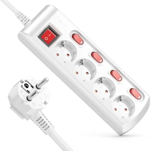 deleyCON 4 Fach Steckdosenleiste mit Schaltern - Steckdosen & Zubehör, jede Steckdose einzeln schaltbar für gezielte Stromkontrolle und mit Überspannungsschutz für mehr Sicherheit.