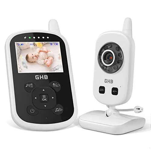 GHB Baby Monitor Babyphone Video 2,4 GHz ECO Modus Gegensprechfunktion Temperatursensor Reichweite ca. 300m Schlaflieder Weiß, 720p, Nur Audio