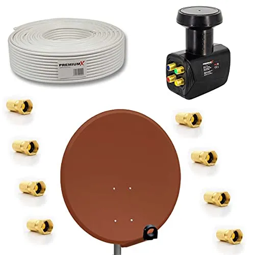 Premium X Satelliten-Komplettanlage 80cm - SAT-Antennen mit 80 cm Aluminium-Schüssel in Ziegelrot, ideal für bis zu 4 Teilnehmer und ausgestattet mit hochwertigem 50m Anschlusskabel und 8 F-Steckern für optimale Signalübertragung.