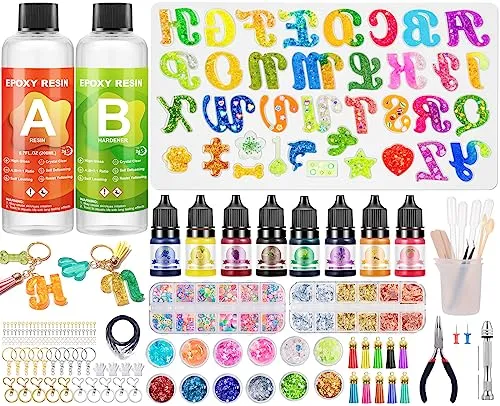 Epoxidharz Set Anfänger, 218 Stk Epoxidharz Set mit Formen Silikon Buchstaben, Glasklar Resin Harz Gießen Set mit Farbe, Glitzer, Blattgold, Messbecher, für DIY Schlüsselbund, Halskette, Ohrringe