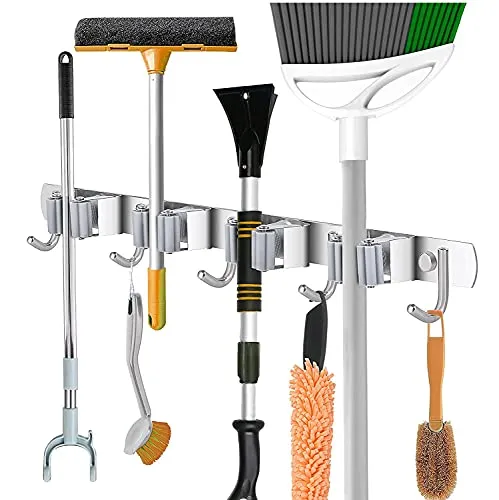 naspiweiya Aufhänger und Organizer, Edelstahl, Organizer für Besen und Wischmopps für Zuhause, Küche, Garage (4 Positionen und 5 Haken)