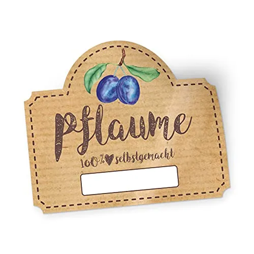 itenga 50x Marmeladen Etikett Pflaume Aufkleber 100% selbstgemacht Sticker braun selbstklebend für Marmelade Einmachgläser Geschenke - hochwertiges Papier - 4,5x3,8cm