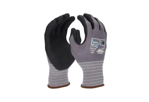 Pro Fit Nitril-Feinstrickhandschuhe – Größe 9, 12 Paar, atmungsaktive Arbeitshandschuhe in Grau/Schwarz - Vielseitige Nitril-Feinstrickhandschuhe für Montage- und Wartungsarbeiten. Hohe Griffigkeit und Abriebfestigkeit sorgen für optimalen Schutz und Komfort. Ideal für Werkstätten und Baustellen.