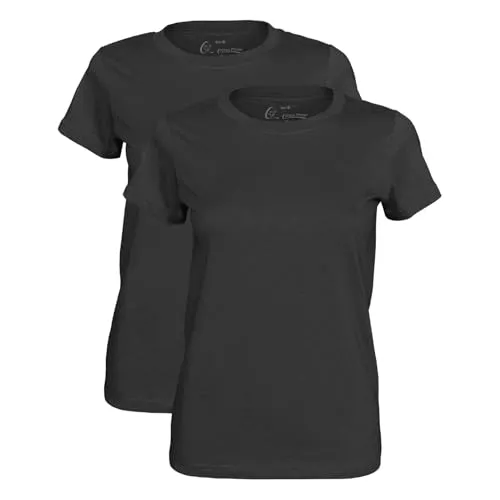 Damen Basic T-Shirt, 100% Baumwolle, O-Neck Tee, Schwarz, Gr. L, 2er-Pack