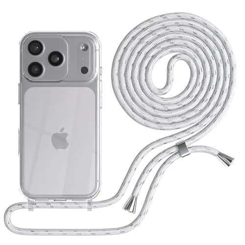 EAZY CASE Handykette kompatibel mit iPhone 17 Pro Handyhülle mit Umhängeband, Handykordel mit Schutzhülle, Silikonhülle, Hülle mit Band, Stylische Kette für Smartphones, Weiß/Silber