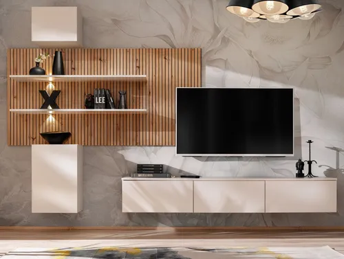 Furn.Design Wohnwand Laelia in Sand Cashmere matt - Wohnzimmerschrank mit integrierter Beleuchtung und griffloser Push-To-Open Funktion. Ideal für stilvolle Wohnzimmergestaltung.