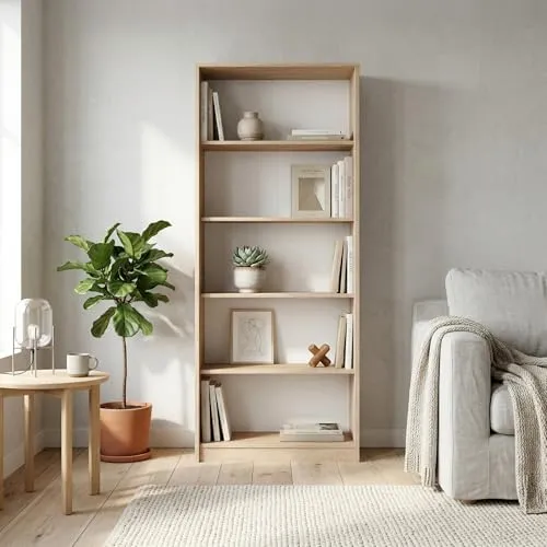 Home Collective Bücherregal mit 5 Ebenen Regal in Matter Ausführung 74 cm breit Standregal mit 4 Einlegeböden für Schlafzimmer Wohnzimmer Flur strapazierfähige Laminatplatte 16 mm dick Sonoma