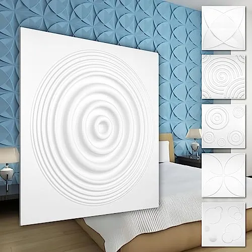 HEXIM 3D Wandpaneele, PVC Kunststoff weiß - Kreis Design Paneele 50x50cm Wandverkleidung (0.25QM HD075) Hintergrund Paneele weiß hart