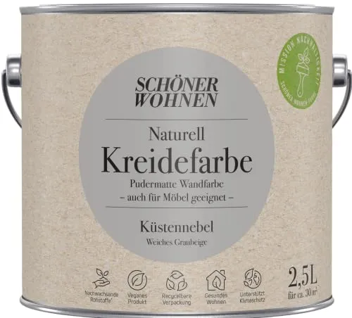 Schöner Wohnen 2,5L Naturell Kreidefarbe Küstennebel - Mattierende Farben für Wände, umweltfreundlich und ideal für ein sanftes, graubeiges Wohnambiente.