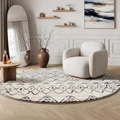 SANAT Boho Teppich – Moderner Teppich im Boho Stil, Geeignet für Wohnzimmer, Schlafzimmer, Flur, Esszimmer und Kinderzimmer – Boho Creme, Größe: 120 cm Rund