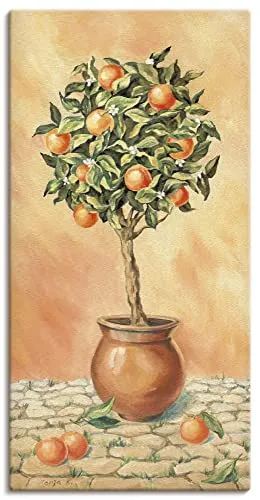 ARTLAND Wanddeko Leinwand Bilder Wandbild 50x100 cm Botanik Pflanzen Topfpflanze Malerei Orange T5HX Orangenbaum I