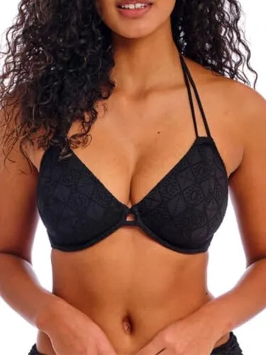 Freya Nomad Nights Neckholder-Bikinioberteil für Damen, Schwarz, 80DD - Stilvolles Neckholder-Bikinioberteil mit Bügel für optimalen Halt. Der tiefe Ausschnitt und die dekorativen Details sorgen für einen eleganten Look im Wasser und am Strand.