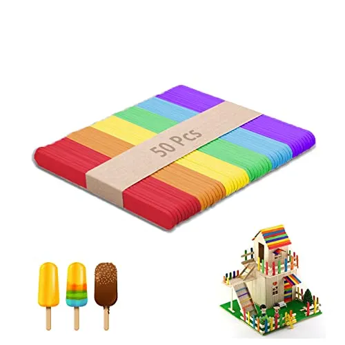 zoerbufan 50 Stück Holzstäbchen, Eisstiele Holz, Eis selber machen, Holzspachtel zum Basteln und Holz Eisstiele, Kinder, DIY, 114 mm x 10 mm x 2 mm (6 Color)