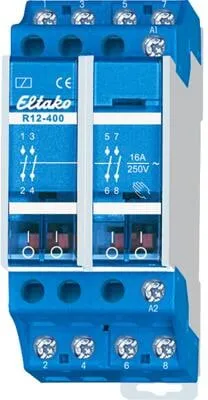 Eltako R12-400-230VAC Installationsrelais - 4-poliges Reiheneinbaugerät mit 16A/250V AC, ideal für die DIN-Schienenmontage und bietet eine Einschaltdauer von 100% für zuverlässige Steuerung.
