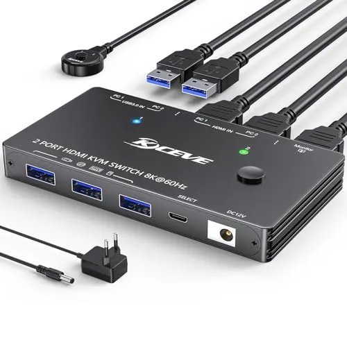 8K HDMI KVM Switch 2 Port 8K@60Hz 4K@120Hz, 2 PC 1 Monitor USB 3.0 KVM Switch HDMI2.1, für 2 Computers teilen sich 1 Monitor und 3 USB 3.0 Geräte, mit Kabelfernbedienung, USB3.0 Kabel, Netzteil