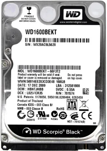 WD Scorpio Black 160GB 7200U/min - 2,5 Zoll SATA II Festplatte mit 7200 RPM und 16MB Cache, ideal für schnelle Datenzugriffe in Laptops und PCs. Robust und zuverlässig mit 3 Jahren Herstellergarantie.