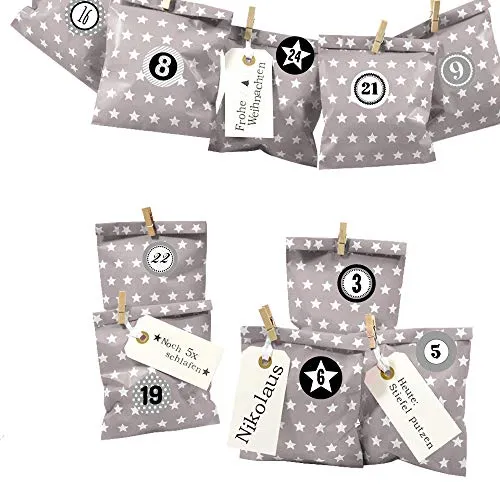 Frau WUNDERVoll® DIY Adventskalender zum Befüllen Bescherung: Set Stern 122, Papiertueten flach 13x16,5cm, Taupe Stern, Ziffern grau