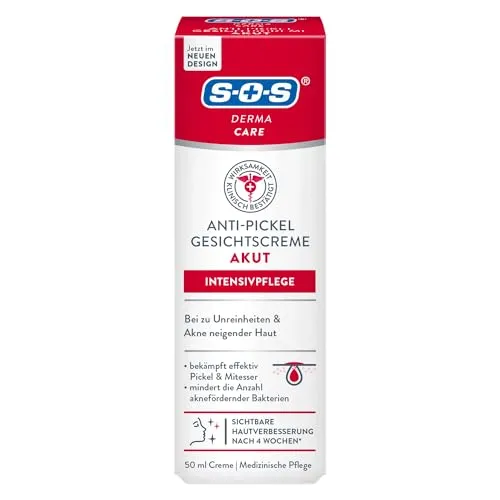 SOS Derma Care Anti-Pickel Gesichtscreme Akut (50 ml) - medizinische Gesichtspflege gegen Mitesser & Pickel - verbessertes Hautbild nach 4 Wochen - gegen unreine Haut - MicroSilber und Laurinsäure