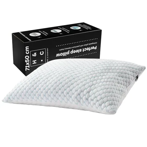 Hom&Com Memory-Foam-Kissen 71 × 50 cm – Ergonomisches Nackenstützkissen aus Memory-Schaum mit kühlendem Gel – Weich, atmungsaktiv und komfortabel für Rücken-, Seiten- und Bauchschläfer