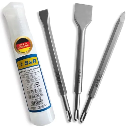 S&R Meißel-Set 3-tlg. SDS-plus - Made in Germany - Bohrer in Industrie-Qualität für effektives Abtragen. Hohe Standzeit durch optimierte Meißel-Geometrie und speziellen Oberflächenschutz.