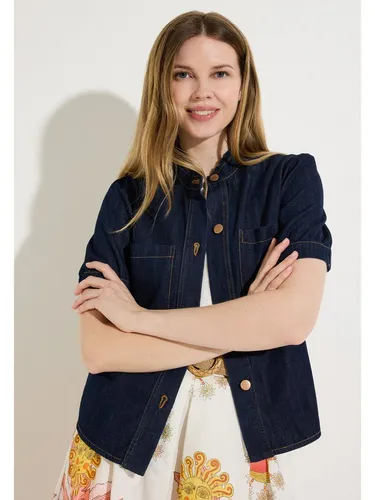 MORE&MORE Shirttop - Dunkle Jeansbluse mit Puff-Ärmeln - Stylische Jeansbluse von MORE & MORE mit leichten Puff-Ärmeln und kleinem Stehkragen. Perfekt kombinierbar als Jacken-Ersatz oder im trendigen Denim-Look.