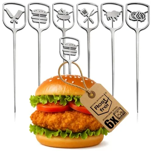 com-four® 6x Edelstahl-Burger-Spieße 16 cm, Metallspieße mit breiter | offener Griffzone