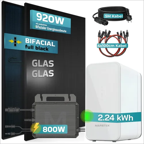 SUNNIVA® 920W Balkonkraftwerk mit 2,24 kWh Speicher - Effizientes Balkonkraftwerk mit 2 x 460W monokristallinen Modulen und 2,24 kWh Speicher. Ideal für den gewerblichen und privaten Einsatz, zeichnet sich durch korrosionsbeständiges Material und Mikroinverter-Technologie aus.