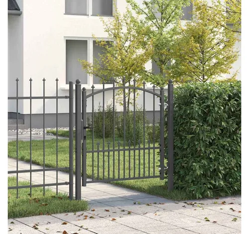 furnicato Zauneinzeltür Modernes Gartentor 104 x 157 cm in Grau mit Spitzen - Das moderne Gartentor mit eleganten Spitzen kombiniert stilvolles Design und praktische Funktionalität. Hergestellt aus pulverbeschichtetem Stahl, bietet es hohe Widerstandsfähigkeit und Sicherheit durch robuste Riegelschlösser. Lieferung inkl. Pfosten und Scharnieren.