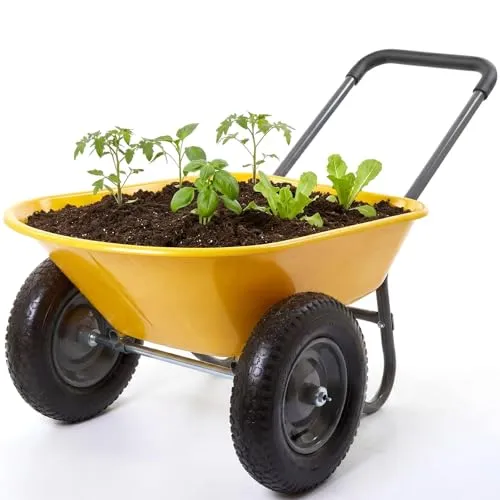 Virimolo Schubkarre Bis 120 kg, 2 Luftreifen Mit Metall Felge, Garten Schubkarre, 124 x 66 x 62,5cm, Kunststoffwanne, Eisen + Kunststoff, Gelb