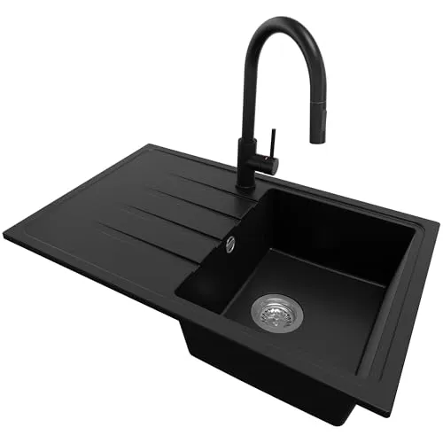 PRIMAGRAN Granitspüle Schwarz 78x50cm, Spülbecken 1 Becken + Küchenarmatur 40x20cm + Ablauf-Set, Küchenspüle ab 45er Unterschrank - Mailand S013