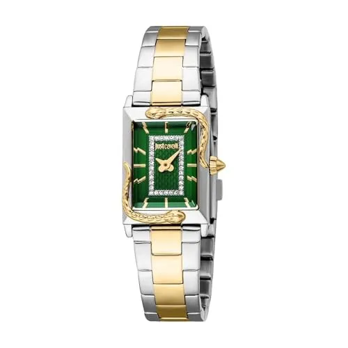Just Cavalli Damen Analog Quarz Uhr JC1L364M0095 - Elegante Armbanduhr mit rechteckigem Gehäuse aus Gelbgold und grünem Zifferblatt. Ideal für modebewusste Damen, wasserfest und mit Quarzwerk für zuverlässige Genauigkeit.