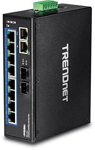 TRENDnet TI-G102i 10-Port Industrial Gigabit L2 Managed DIN-Rail Switch - Industrie Switch, 10 Ports (8 x 10/100/1000 + 2 x Gigabit SFP), ideal für raue Umgebungen, einfach auf DIN-Schiene montierbar und TAA-konform.