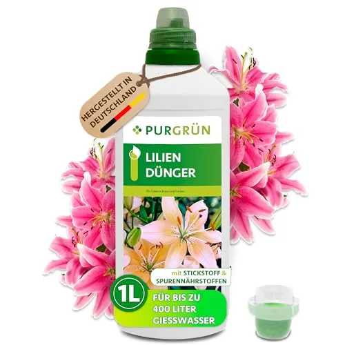 Purgrün Lilien Dünger, NPK 8+8+6 - Flüssigdünger mit Guano und Aqua Plus für gesunde Blüten - Blumendünger – Speziell für Lilien, fördert mit Aqua Plus die Wasseraufnahme und sorgt für üppige Blütenbildung.