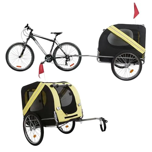 Wiltec Hunde Fahrradanhänger 220x700x78cm gelb-schwarz mit Sicherheitsdrehkupplung, Lastenanhänger Fahrrad mit Fliegengitter & Regenschutz