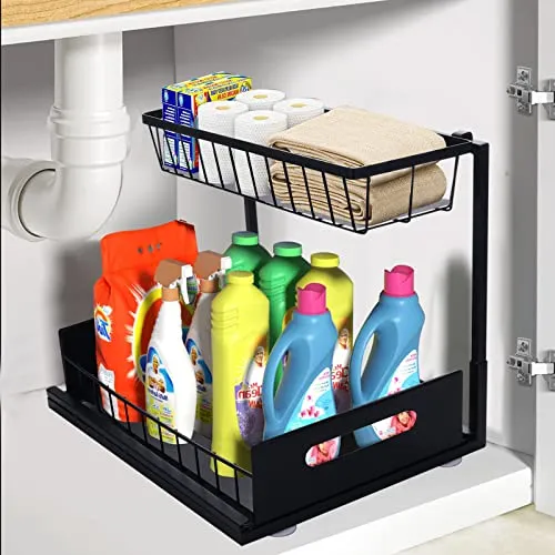 Bedeco Spülbecken Organizer Unter Waschbecken Regal, 2 Etagen Gewürzregal Stehend, Küchen Arbeitsplatte Ordnungssystem Kohlenstoffstahl Küchenregal für Küche, Badezimmer, Bad, Schrank, Küchenschrank