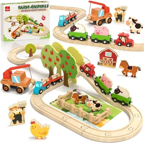 Lehoo Castle Holzeisenbahn, Holz Bauernhof Spielzeug, Holztiere, Kuhstall Spielzeug ab 3 4 5 Jahre Mädchen Junge