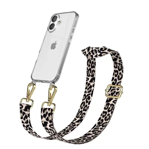 EAZY CASE Handykette - Verstellbares Taschenband kompatibel mit iPhone 17, Schulterriemen, Handykordel mit Silikon Hülle, Umhängetasche, Leo - Schwarz Beige Gold