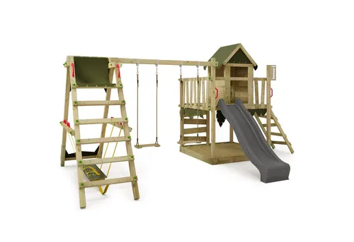 FATMOOSE Spielturm Klettergerüst JazzyJungle Jam XXL - Schaukeln & Rutschen im Garten: Der JazzyJungle Jam bietet eine Rutsche mit Wasseranschluss, Sandkasten und Kletterwand – ideal für unbeschwertes Spielen und sichere Abenteuer!