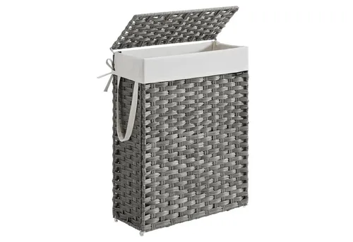 SONGMICS Wäschekorb aus synthetischem Rattan mit Deckel - Wäschekorb in Pastellgelb/Taubengrau, handgeflochten und mit praktischem Deckel. Ideal für die stilvolle Aufbewahrung von Wäsche, max. Belastbarkeit 15 kg.