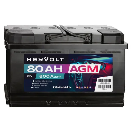 HeyVolt 80Ah 12V 800A EN AGM Start Autobatterie PKW Starterbatterie Wartungsfrei