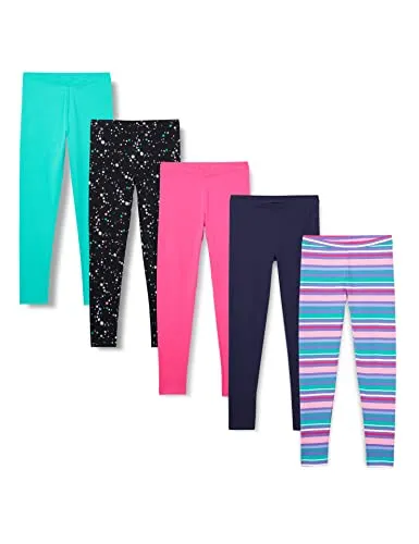 Amazon Essentials Mädchen Leggings, 5er-Pack, Aquagrün/Marineblau/Rosa/Schwarz Sterne/Streifen, 8-9 Jahre