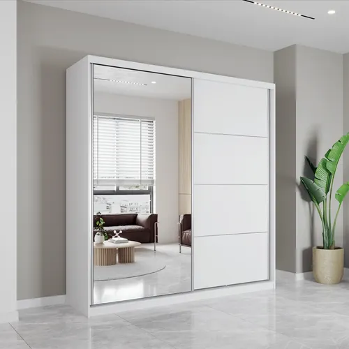 imoebel24 Schwebetürenschrank mit Spiegel, Weiß, 6 Fächer - Moderne Schwebetürenschränke für das Schlafzimmer mit Spiegel und zusätzlichem Schubkasten für optimale Stauraumnutzung. Maße: 203x218x61 cm, ideal für Ankleidezimmer oder Flur.