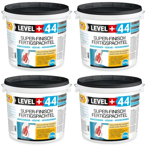 Level+ Fertigspachtel Super Finish Q4 L+44 - 80KG - Fertigspachtel für perfekte Wand- und Deckenflächen, schneeweiß und leicht zu verarbeiten. Ideal für Küche, Bad und Wohnzimmer. Hohe Haftfestigkeit und schnelle Trocknungszeit.